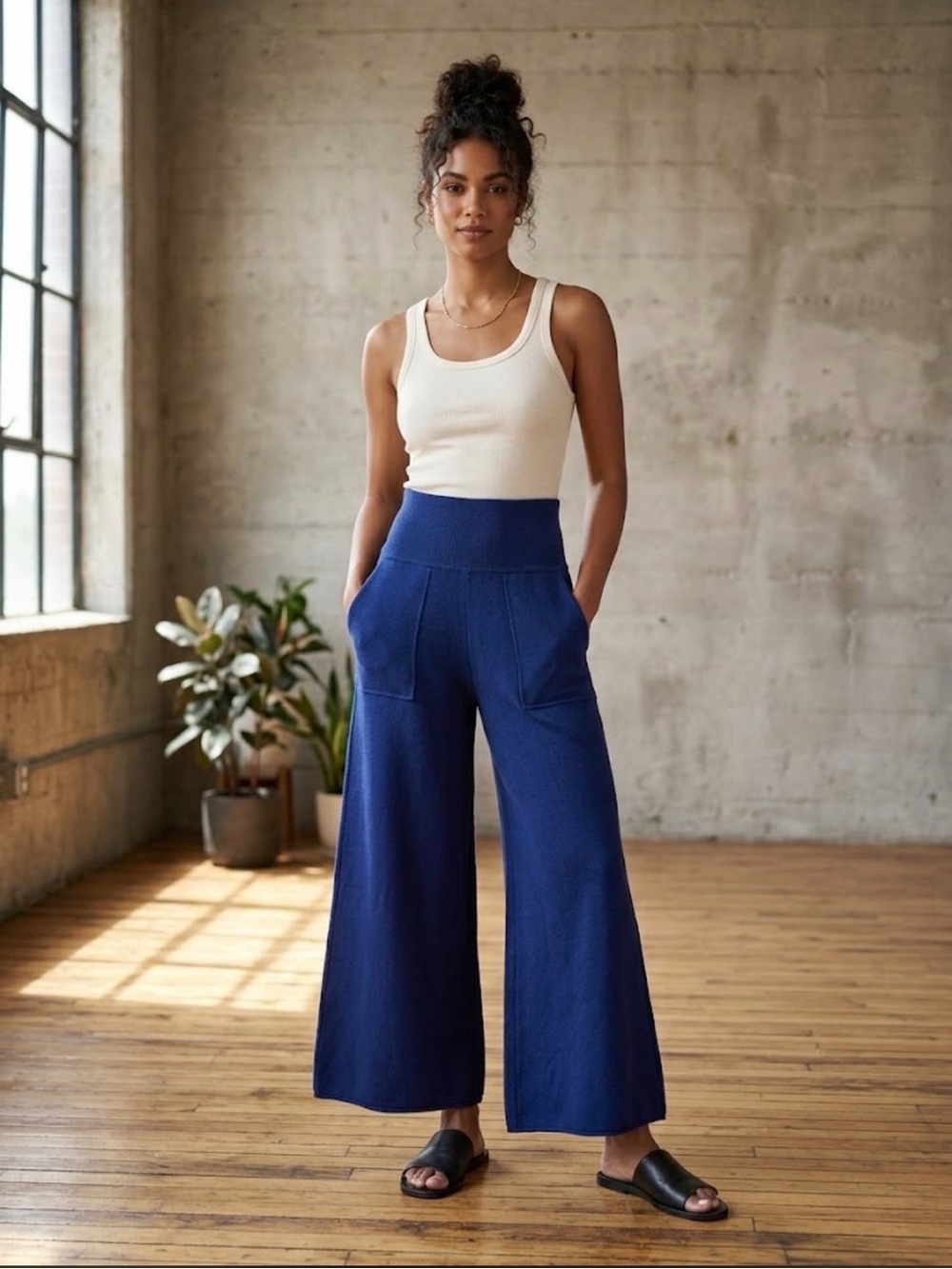 Saturday Sunday x Anthropologie High Rise Wide Leg Ribbed Navy Knit Pant XSP